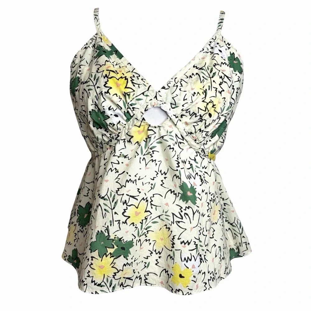 Anthropologie Hope For Flowers Floral Cami Top S Yellow Green Boho Cotton Tank - Picture 3 of 10